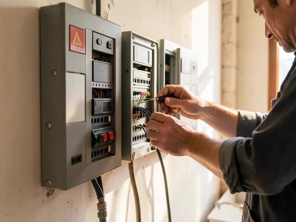 Artisan intervenant sur un tableau électrique