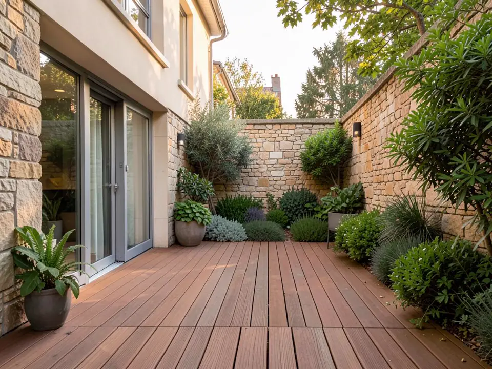Terrasse en bois contemporaine bordée d'un mur en pierre