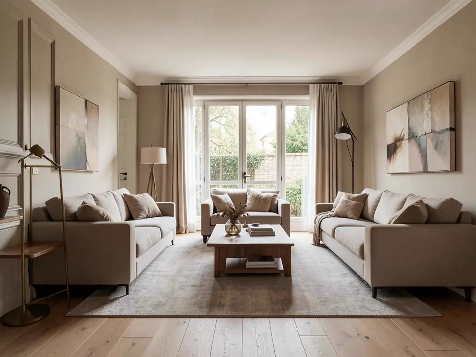 Séjour rénové aux tons chauds avec parquet en chêne