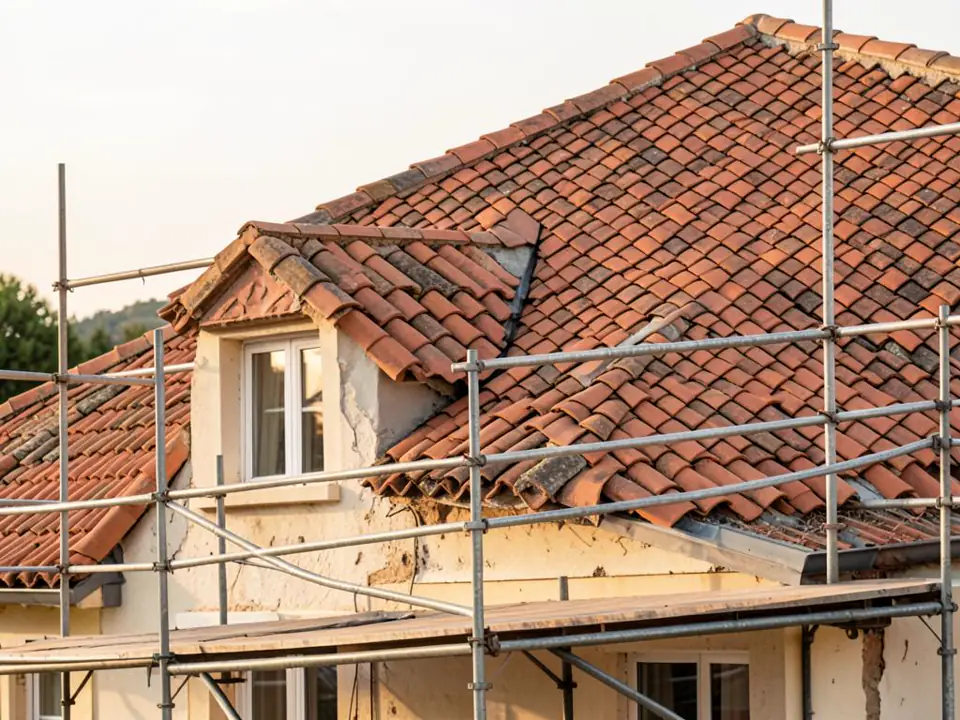 Toiture en tuiles en cours de rénovation avec échafaudage