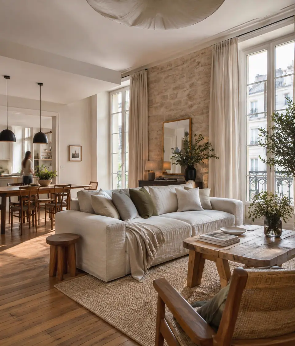 Séjour d'un appartement français rénové, lumière naturelle, mur en pierre et parquet en chêne